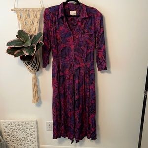 VINTAGE Maxi dress 80s 90s Floral Leaf Purple Pink